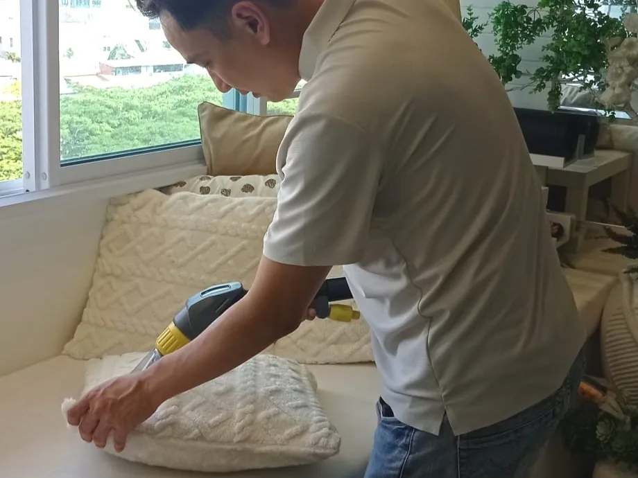 Cleaning a cream upholstered daybed beside a window